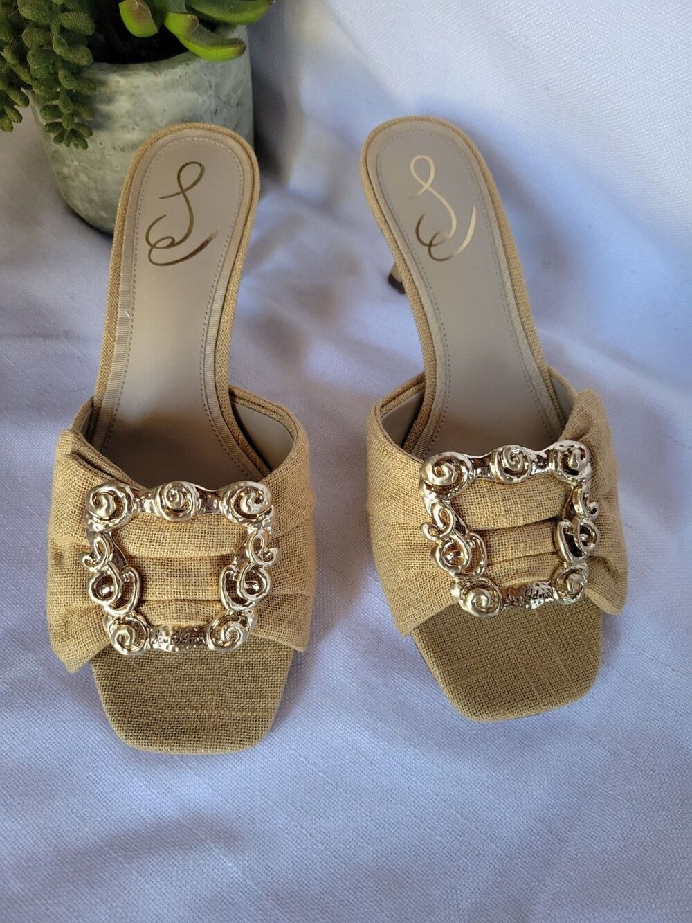San Edelman Women's Pietra Dsrt Sun Linen Kitten-Heel sandals Size 7.5 Yellow - Picture 2 of 9